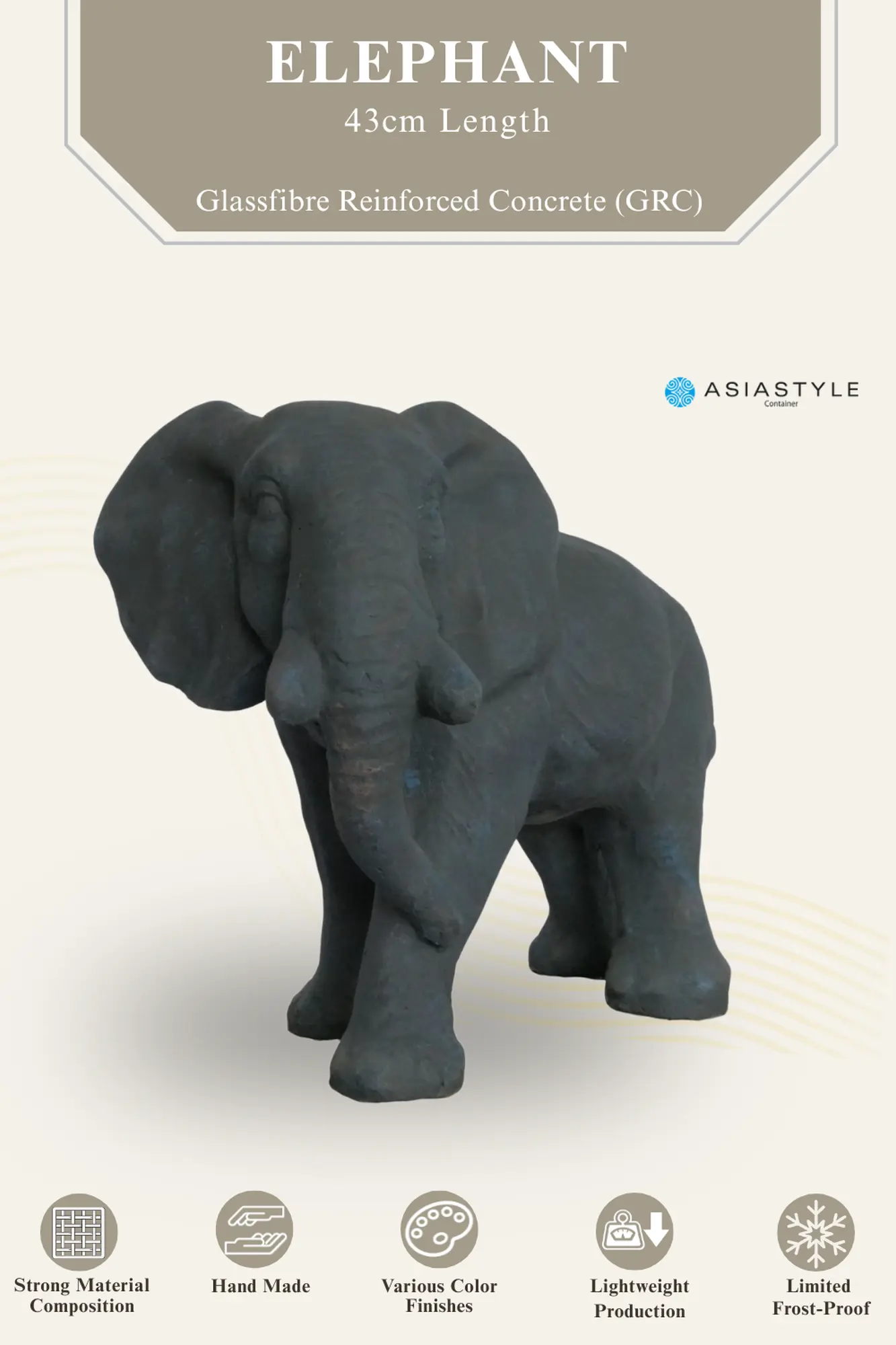  Product image 2 of the product “Elephant, 43cm Length | GRC (Glassfibre Reinforced Concrete), Bronze Finish ”